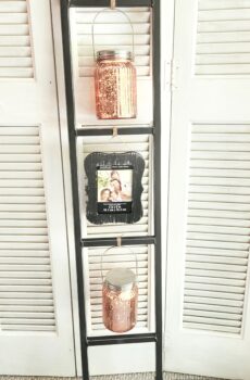 Metal Ladder with Hanging Wood Picture Frame & Lighted Lanterns