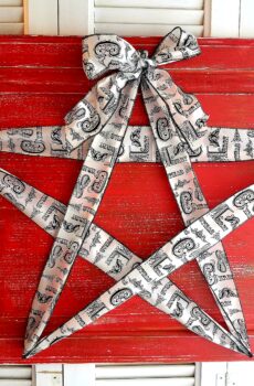 Ribbon Star on Red Wood Wall Hanging