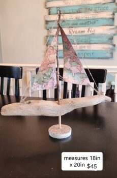 Unique Driftwood Sailboat Figurine with Map Sails