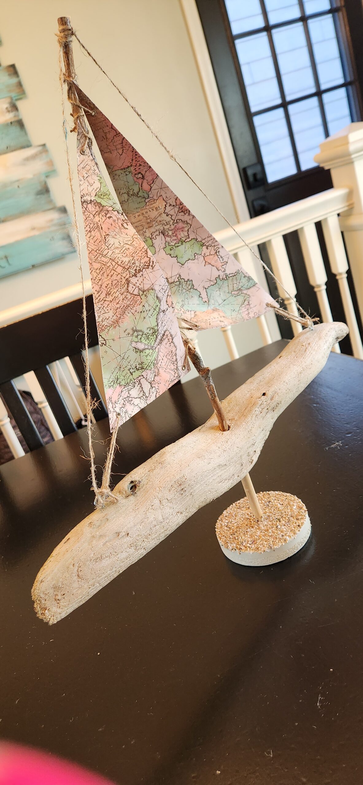 Unique Driftwood Sailboat Figurine with Map Sails - Image 3