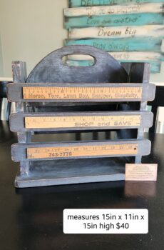 Rustic Farmhouse Wooden Organizer with Vintage Rulers – Distressed Wood Storage Caddy for Kitchen, Bathroom or Entryway