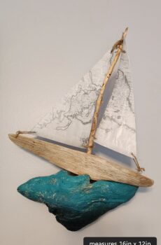 Driftwood Sailboat on Painted Driftwood Water Wall Hanging