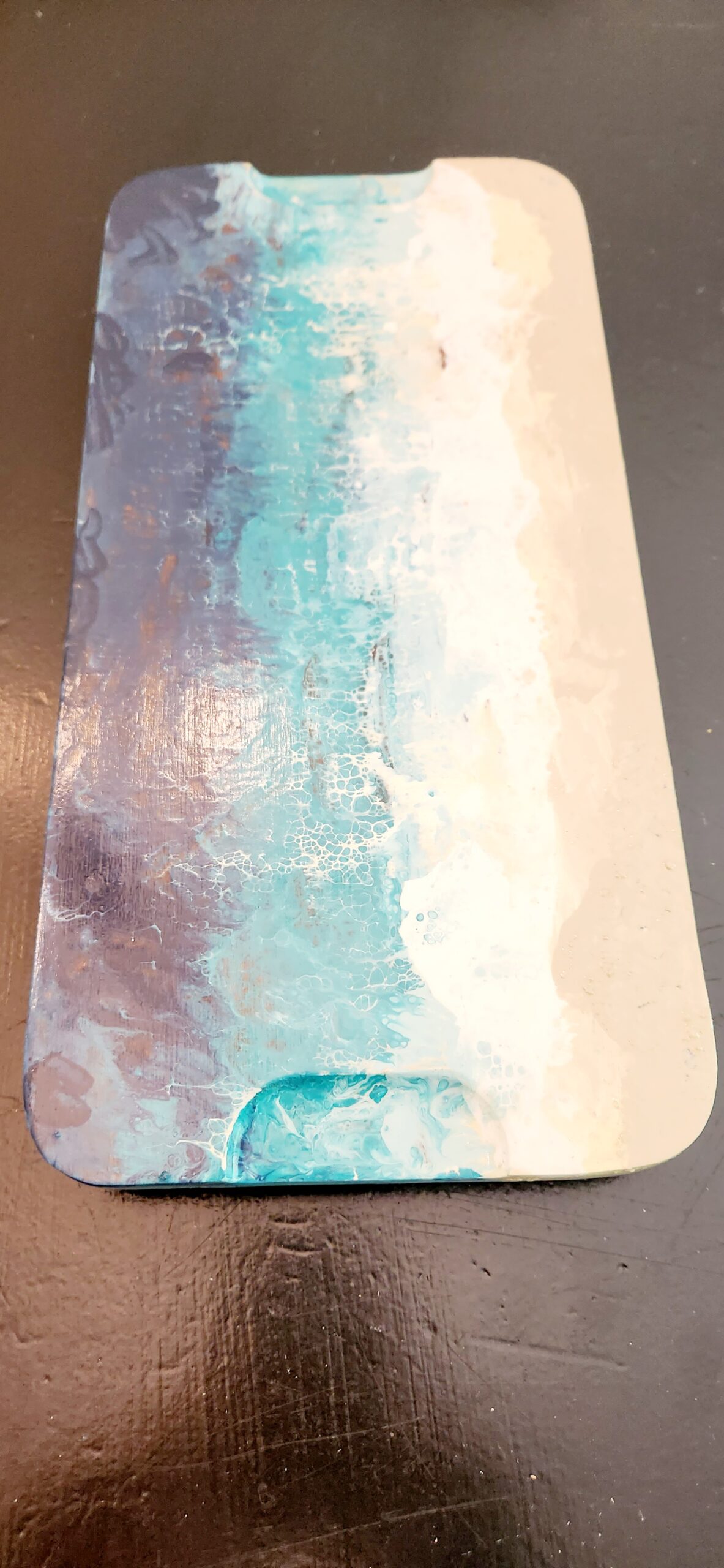 Solid Wood Pedestal – Acrylic Pour Beach & Water Scene - Image 2
