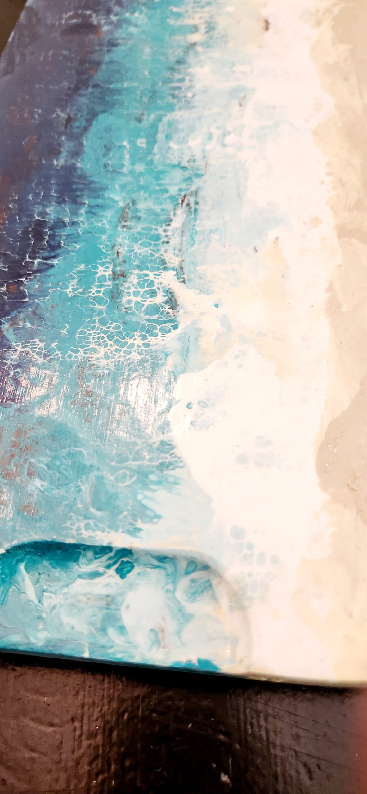 Solid Wood Pedestal – Acrylic Pour Beach & Water Scene - Image 3