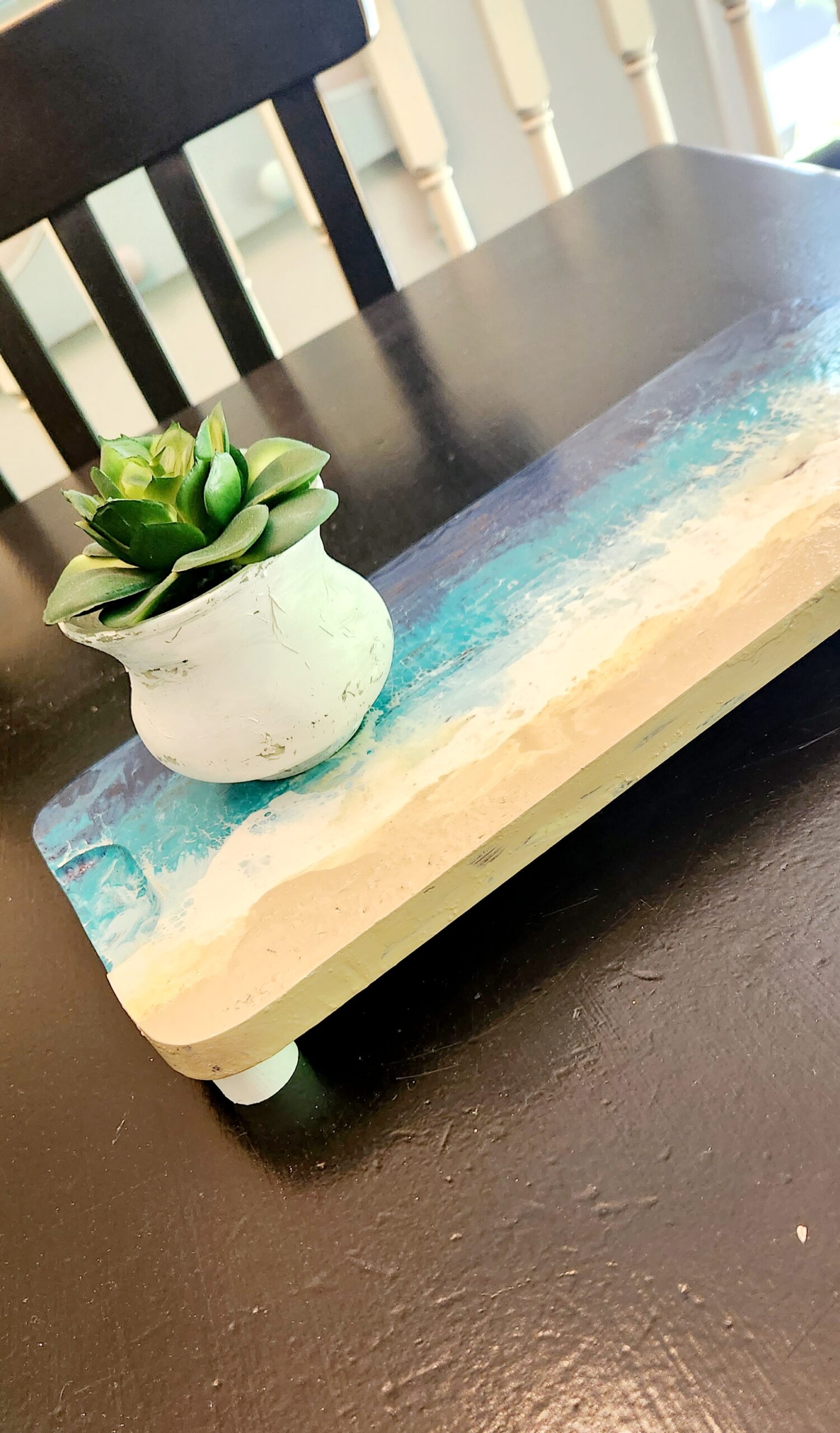 Solid Wood Pedestal – Acrylic Pour Beach & Water Scene - Image 4