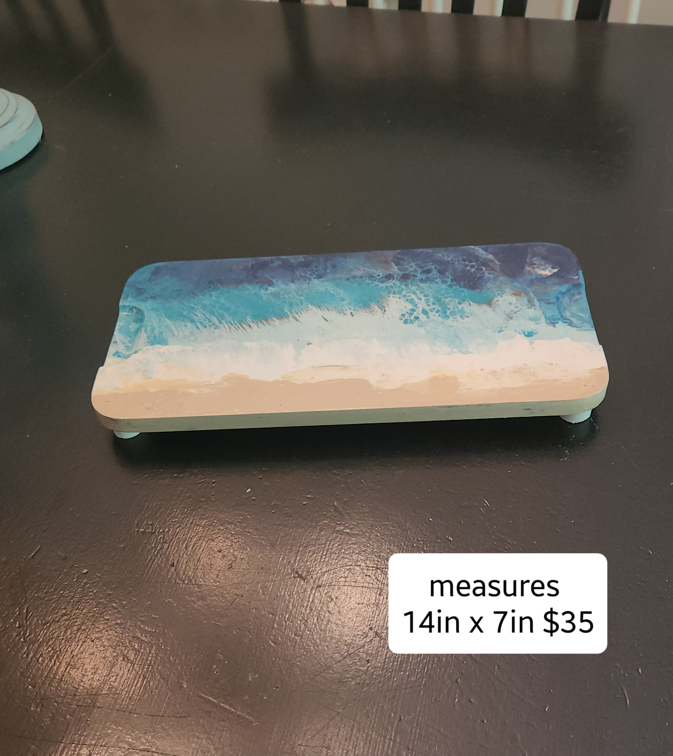 Solid Wood Pedestal – Acrylic Pour Beach & Water Scene