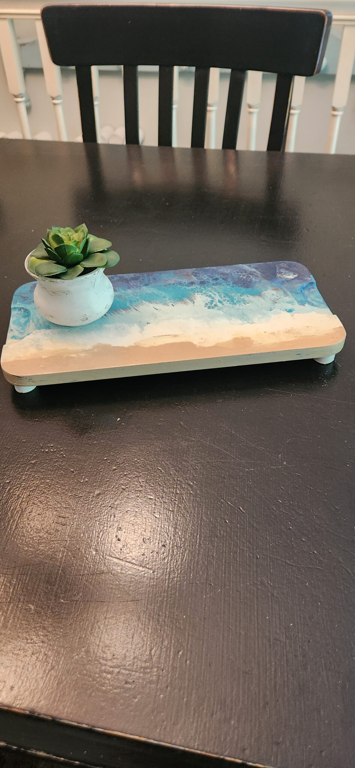 Solid Wood Pedestal – Acrylic Pour Beach & Water Scene - Image 6