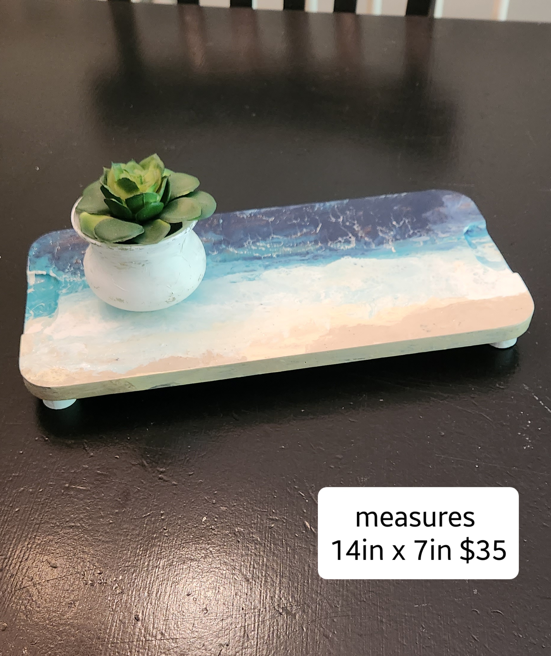Solid Wood Pedestal – Acrylic Pour Beach & Water Scene - Image 7