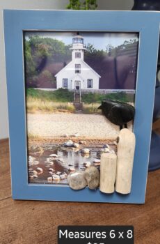 Coastal Picture Frame with Old Mission Point Lighthouse & Driftwood Art