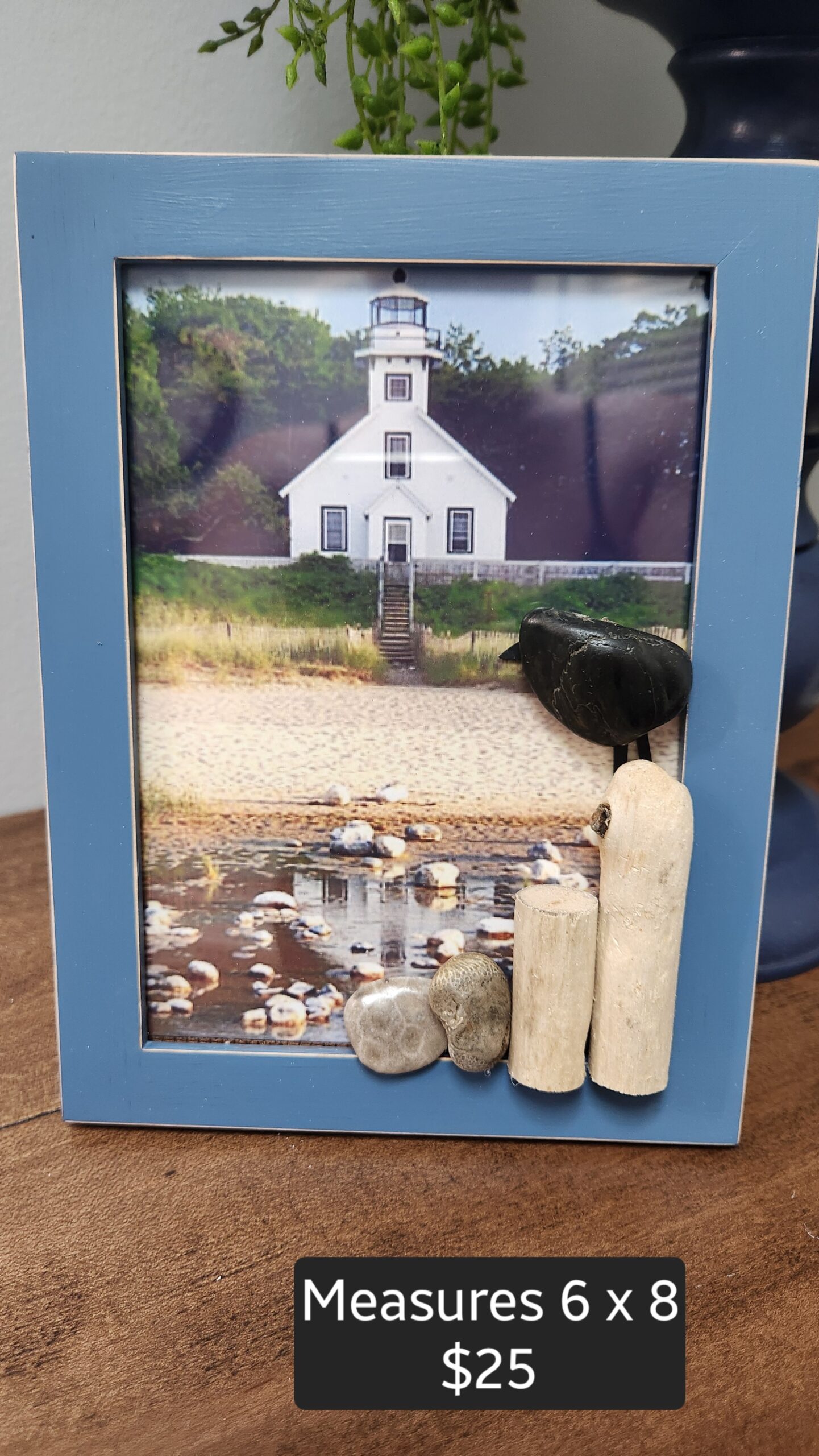 Coastal Picture Frame with Old Mission Point Lighthouse & Driftwood Art