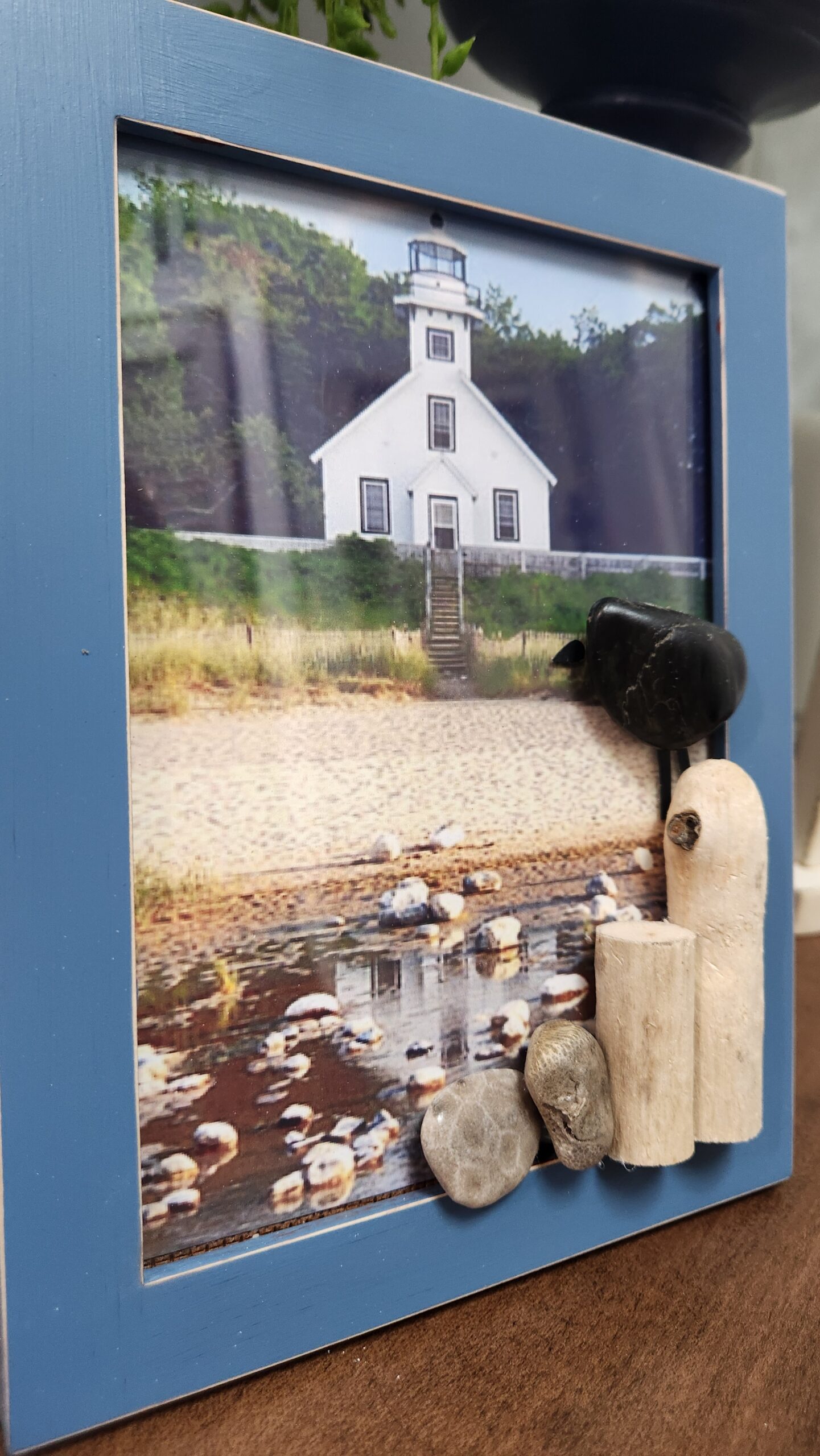 Coastal Picture Frame with Old Mission Point Lighthouse & Driftwood Art - Image 3