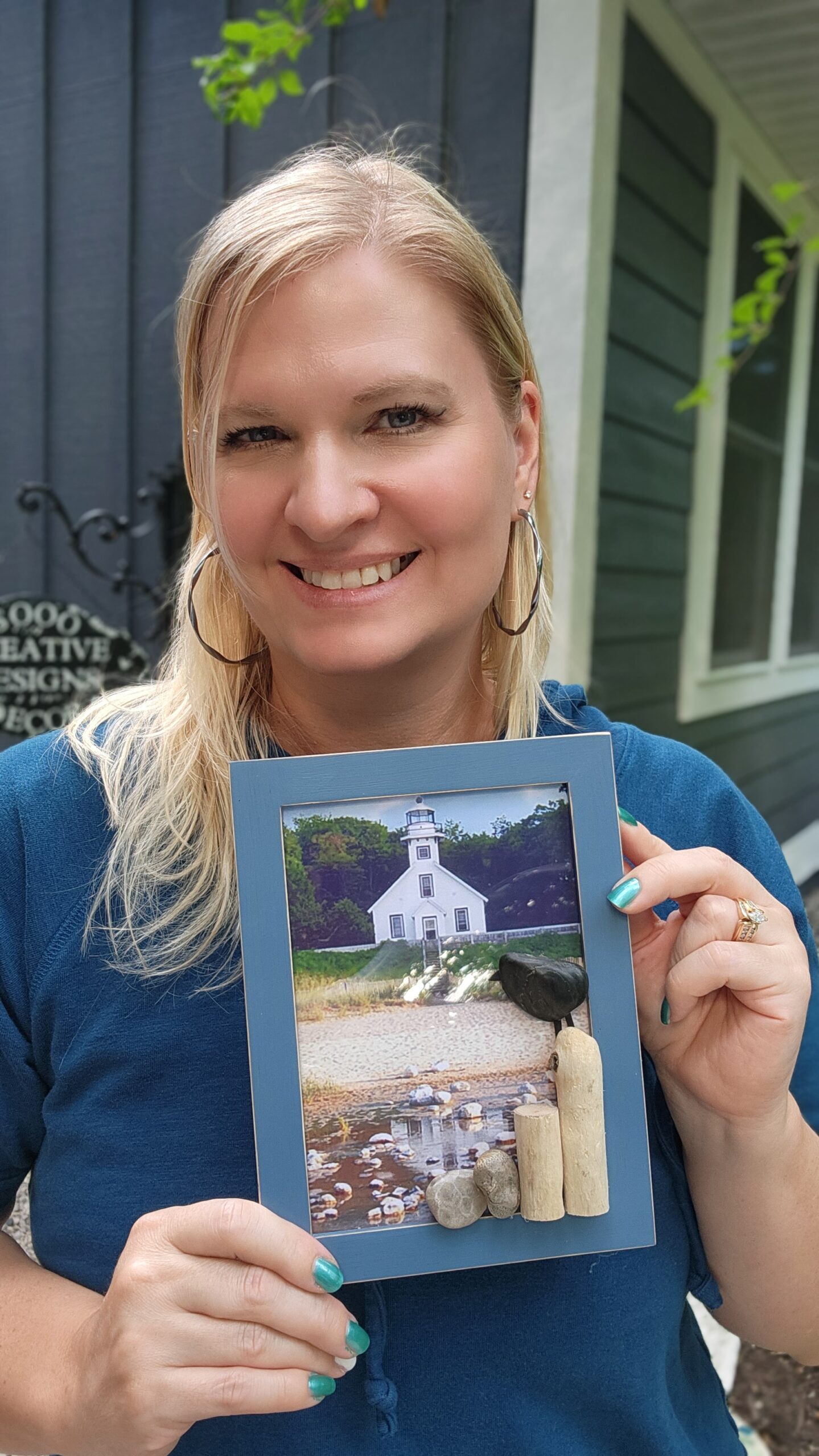 Coastal Picture Frame with Old Mission Point Lighthouse & Driftwood Art - Image 5