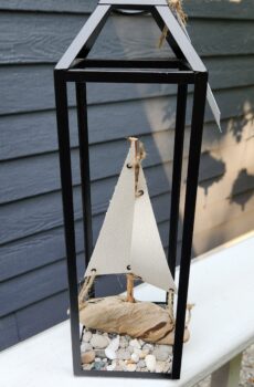 Lantern with Driftwood Sailboat & Beach Stones