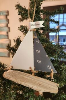 Handcrafted Driftwood Sailboat Ornament with Michigan Flag