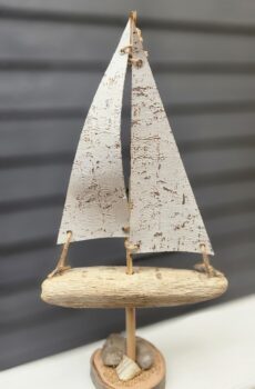 Handcrafted Driftwood Sailboat Decor with Natural Stones and Sand – Coastal Beach Art