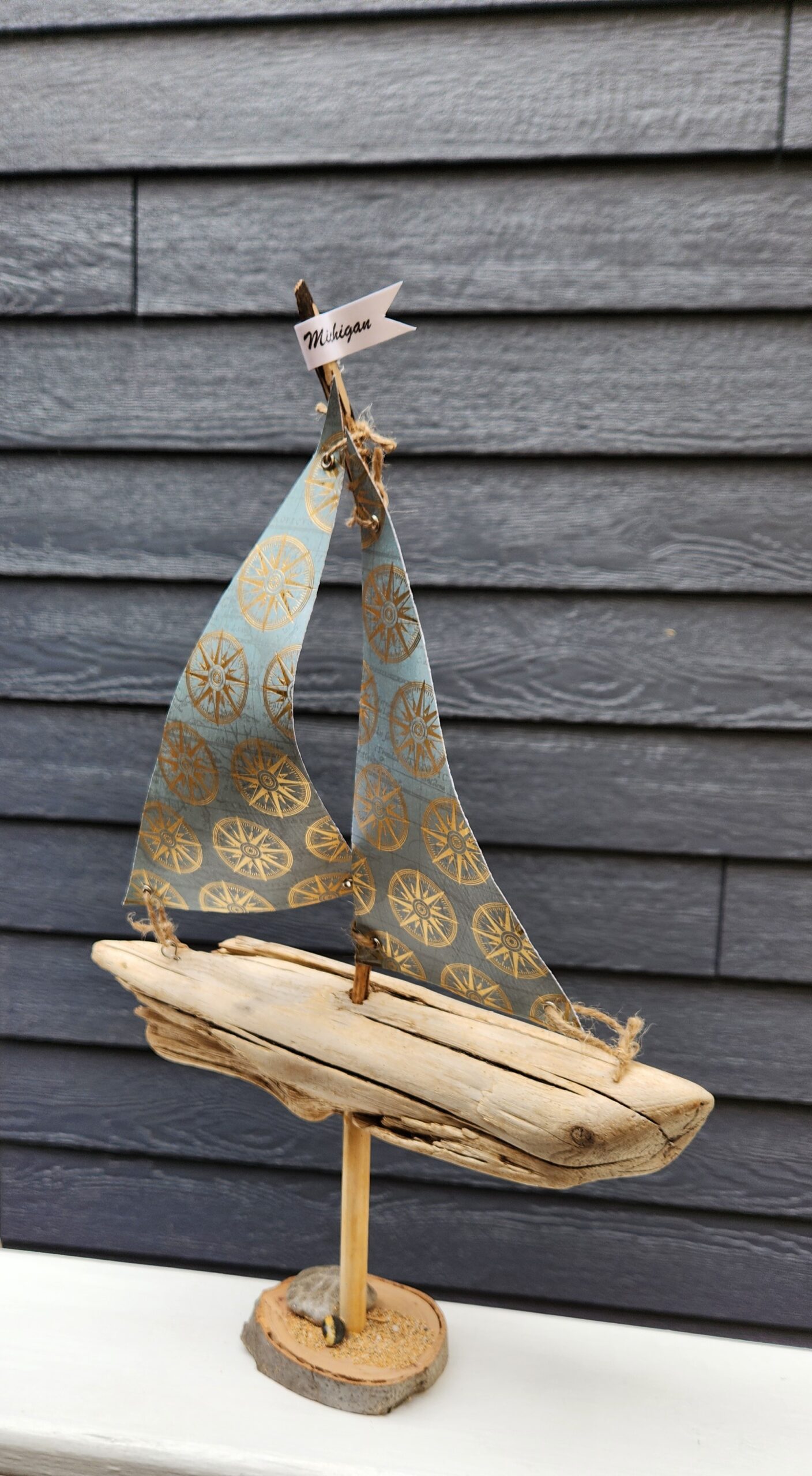 A Unique Sailboat Crafted from Driftwood, Petoskey Stones, Sand, Compose rose Sails and Michigan Flag - Image 2