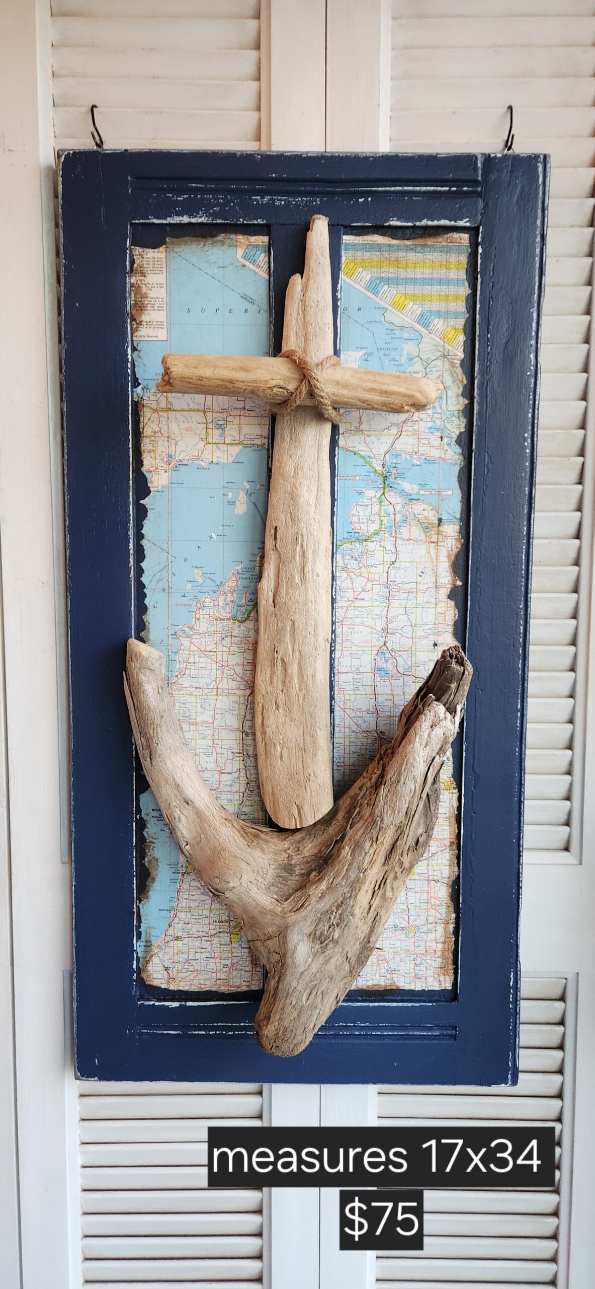 Driftwood Anchor with Michigan Map – Coastal Nautical Decor