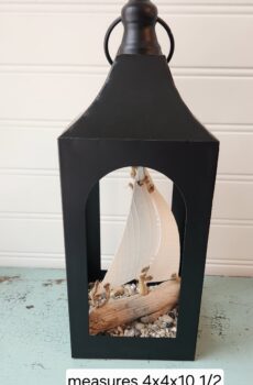 Lantern with Driftwood Sailboat & Beach Stones