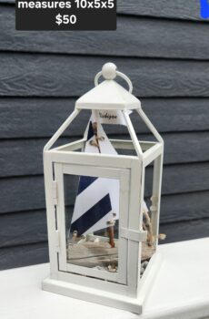 Lantern with Driftwood Sailboat, Beach Stones & Michigan Flag