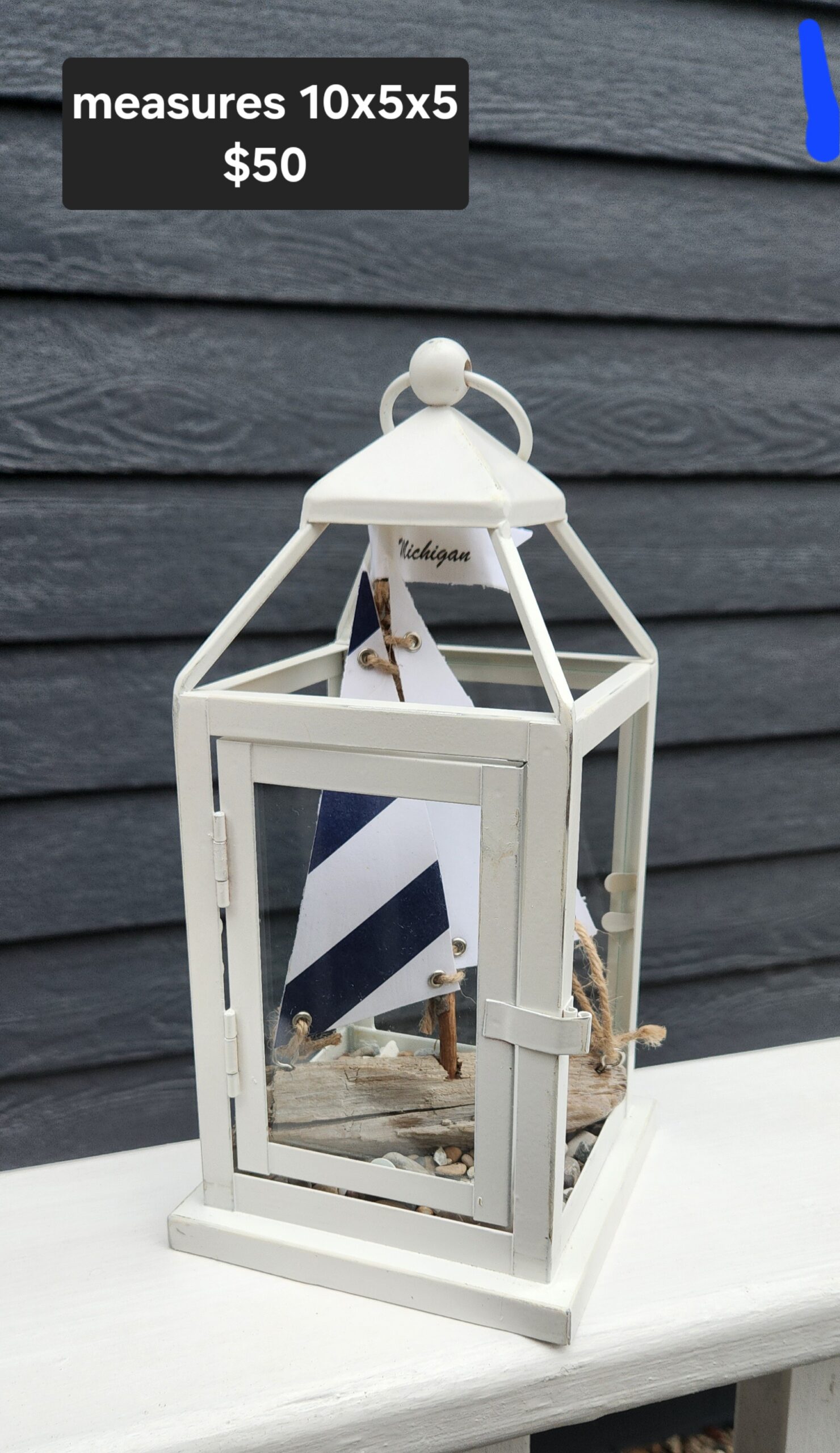 Lantern with Driftwood Sailboat, Beach Stones & Michigan Flag
