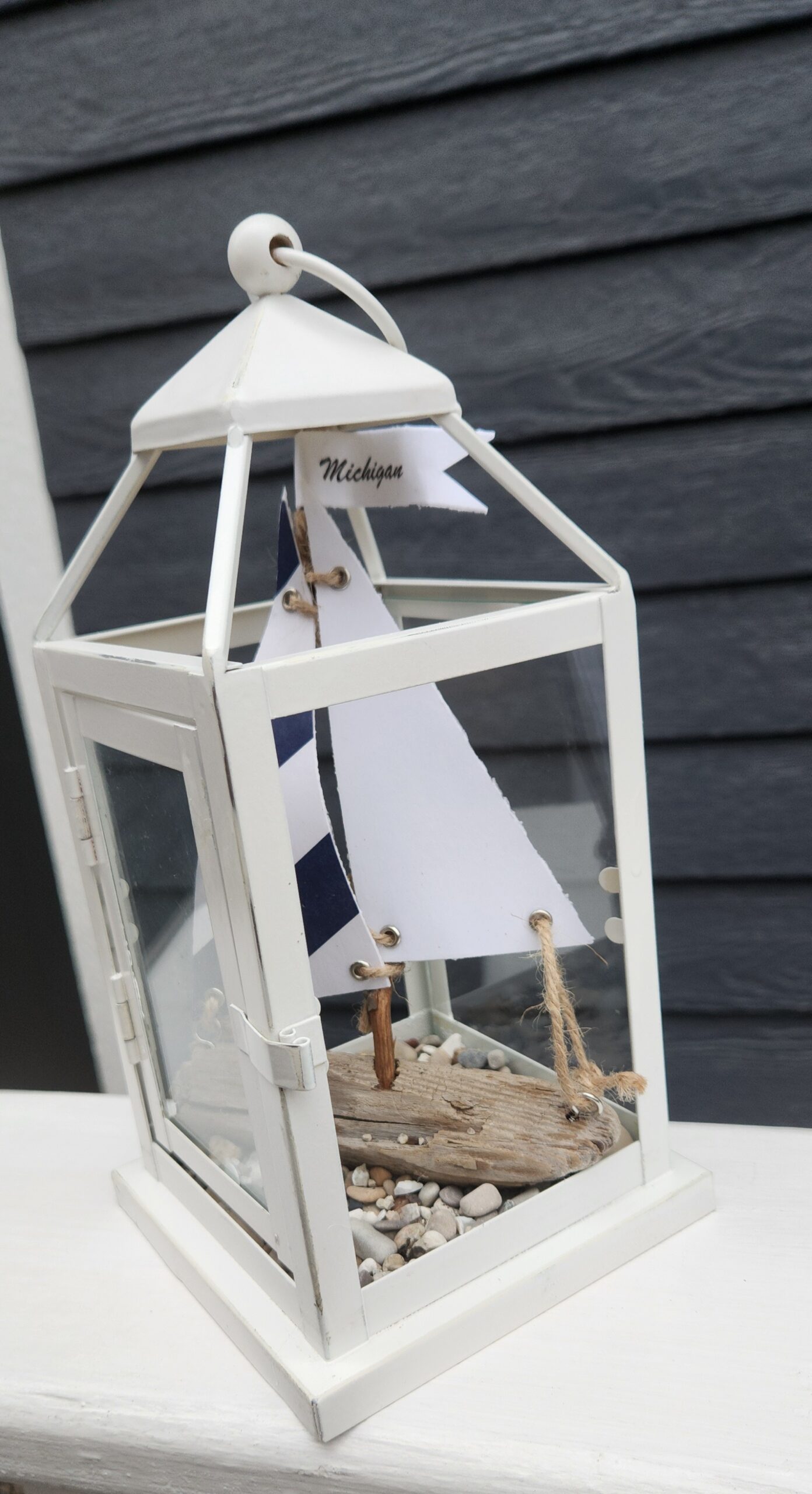 Lantern with Driftwood Sailboat, Beach Stones & Michigan Flag - Image 2