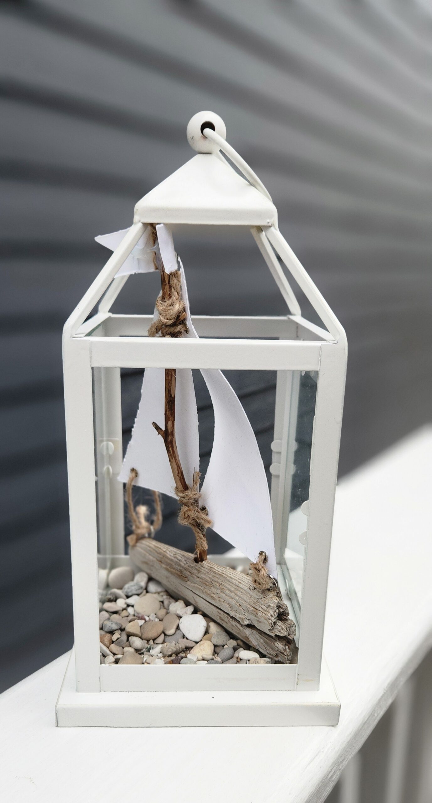 Lantern with Driftwood Sailboat, Beach Stones & Michigan Flag - Image 3