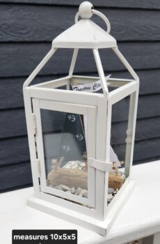 Lantern with Driftwood Sailboat, Beach Stones & Traverse City Flag