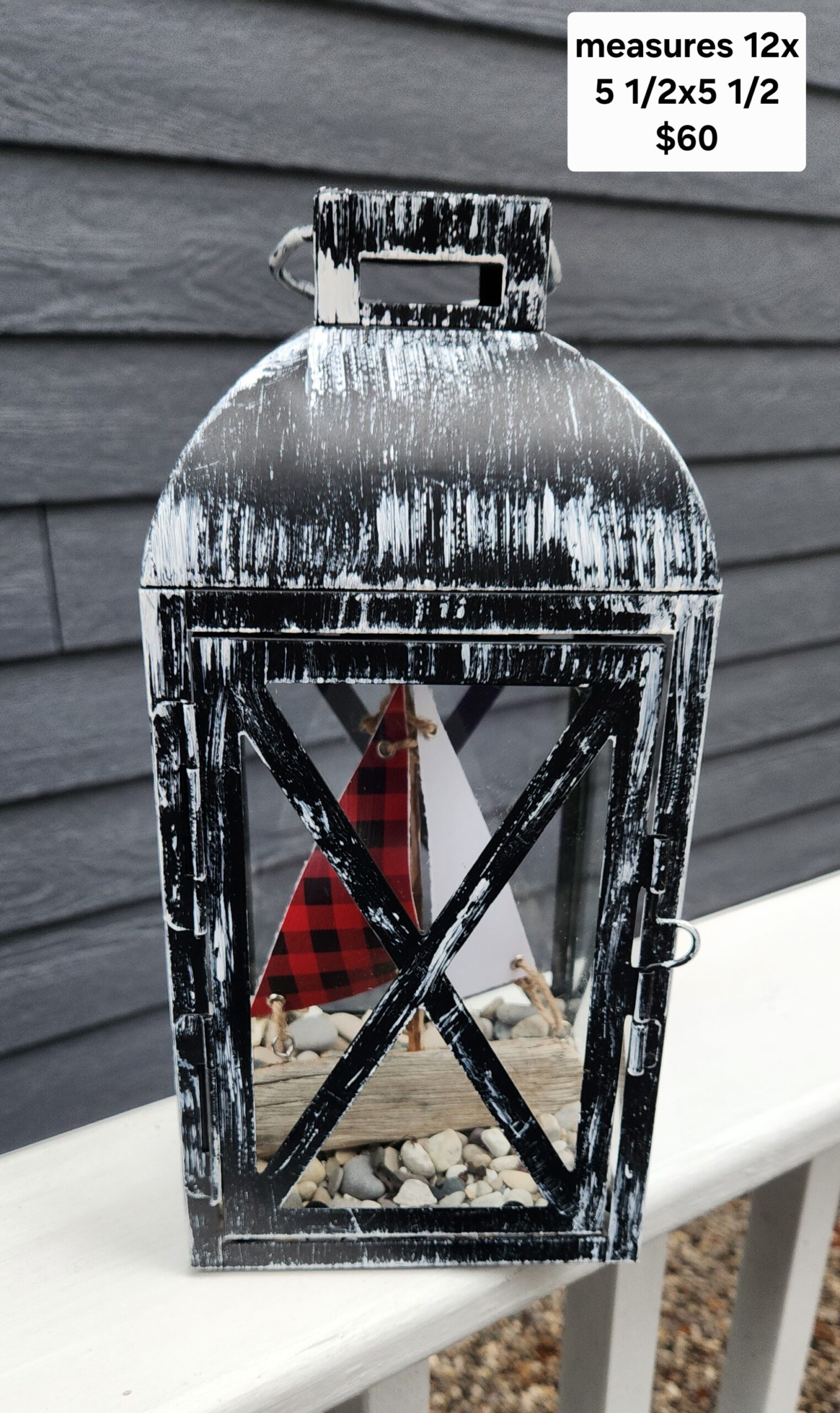 Lantern with Driftwood Sailboat, Beach Stones & Traverse City Flag