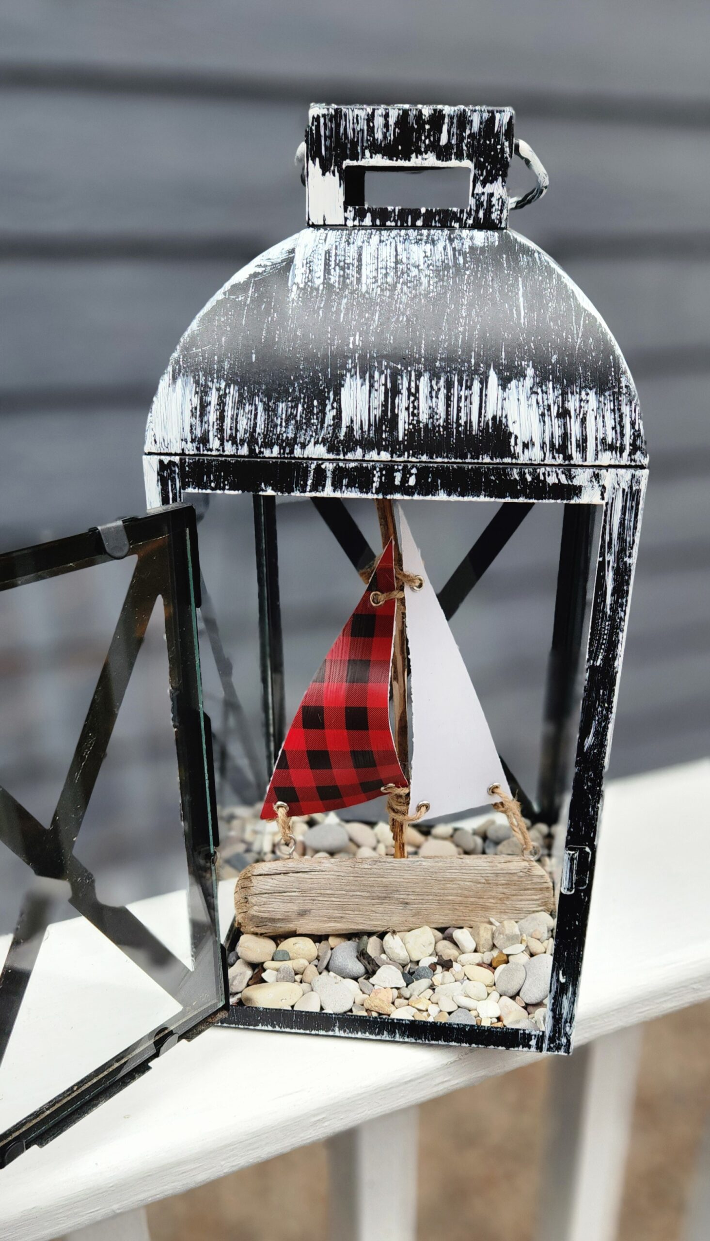 Lantern with Driftwood Sailboat, Beach Stones & Traverse City Flag - Image 2