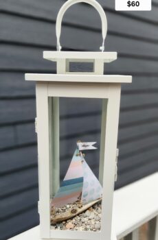 Lantern with Driftwood Sailboat, Beach Stones & Michigan Flag