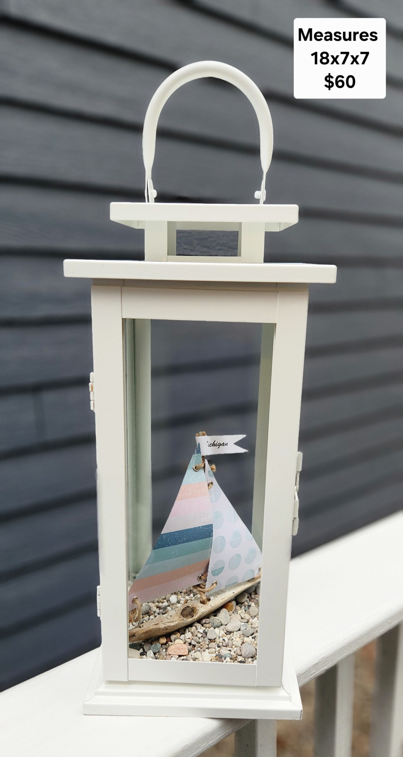 Lantern with Driftwood Sailboat, Beach Stones & Michigan Flag