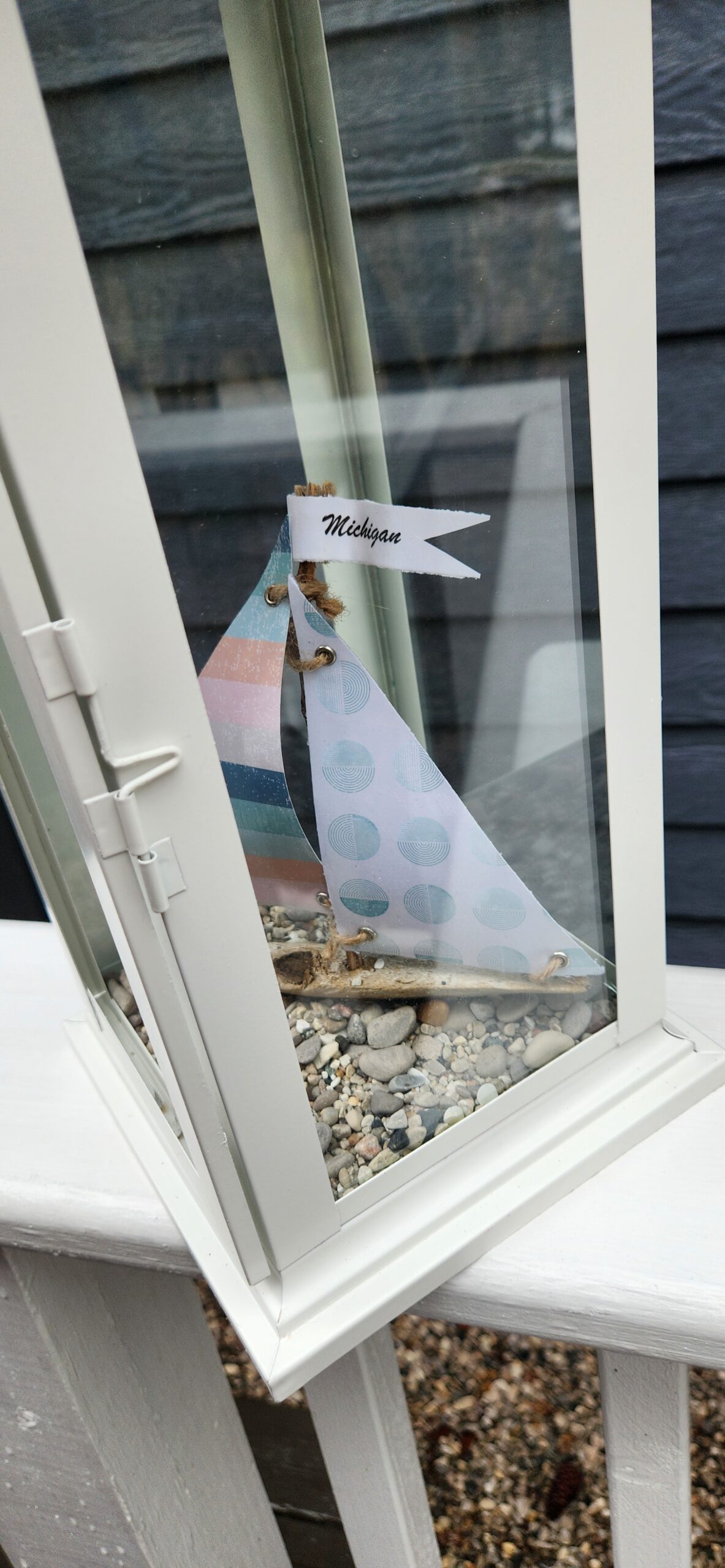 Lantern with Driftwood Sailboat, Beach Stones & Michigan Flag - Image 2