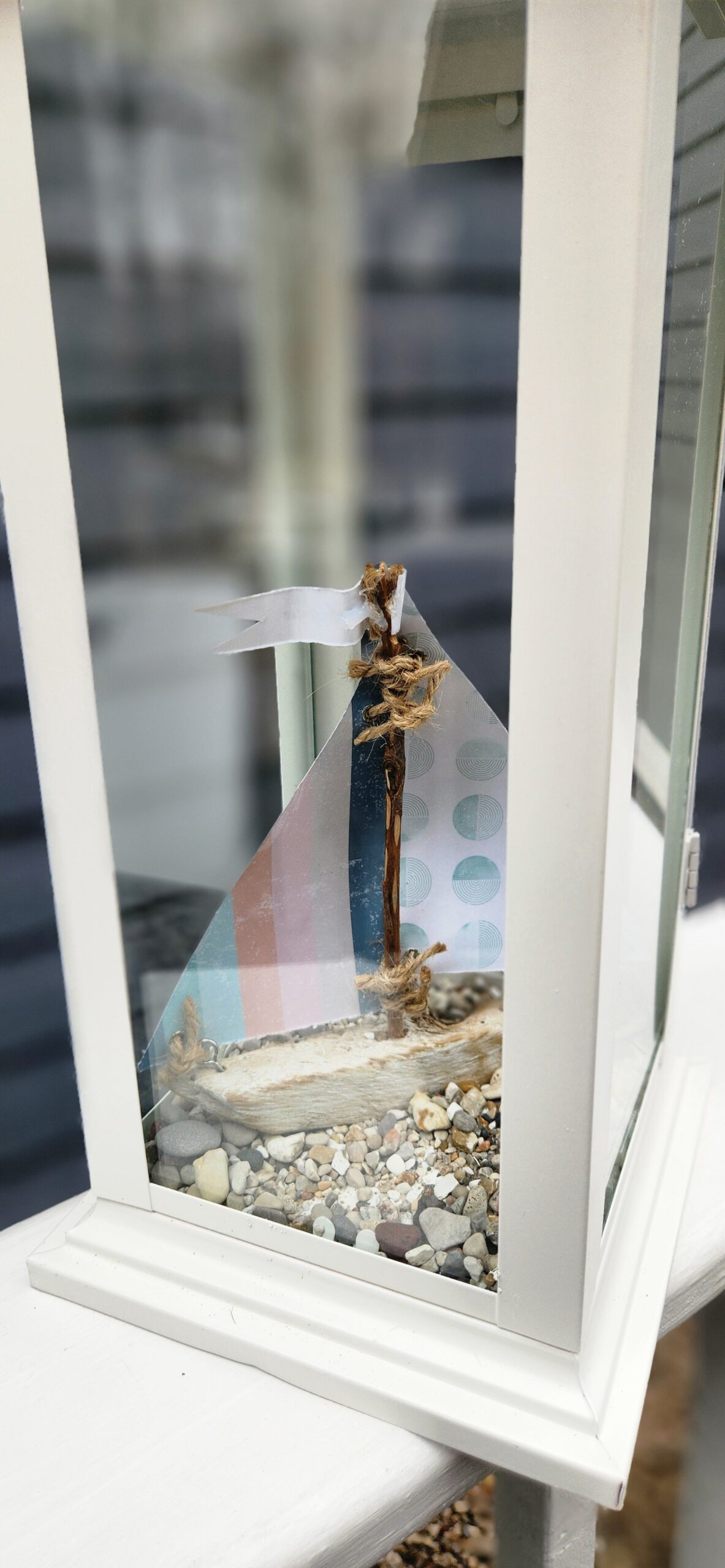 Lantern with Driftwood Sailboat, Beach Stones & Michigan Flag - Image 3