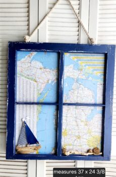 Vintage Window Frame with Michigan Map, Driftwood Sailboat, and Petoskey Stones