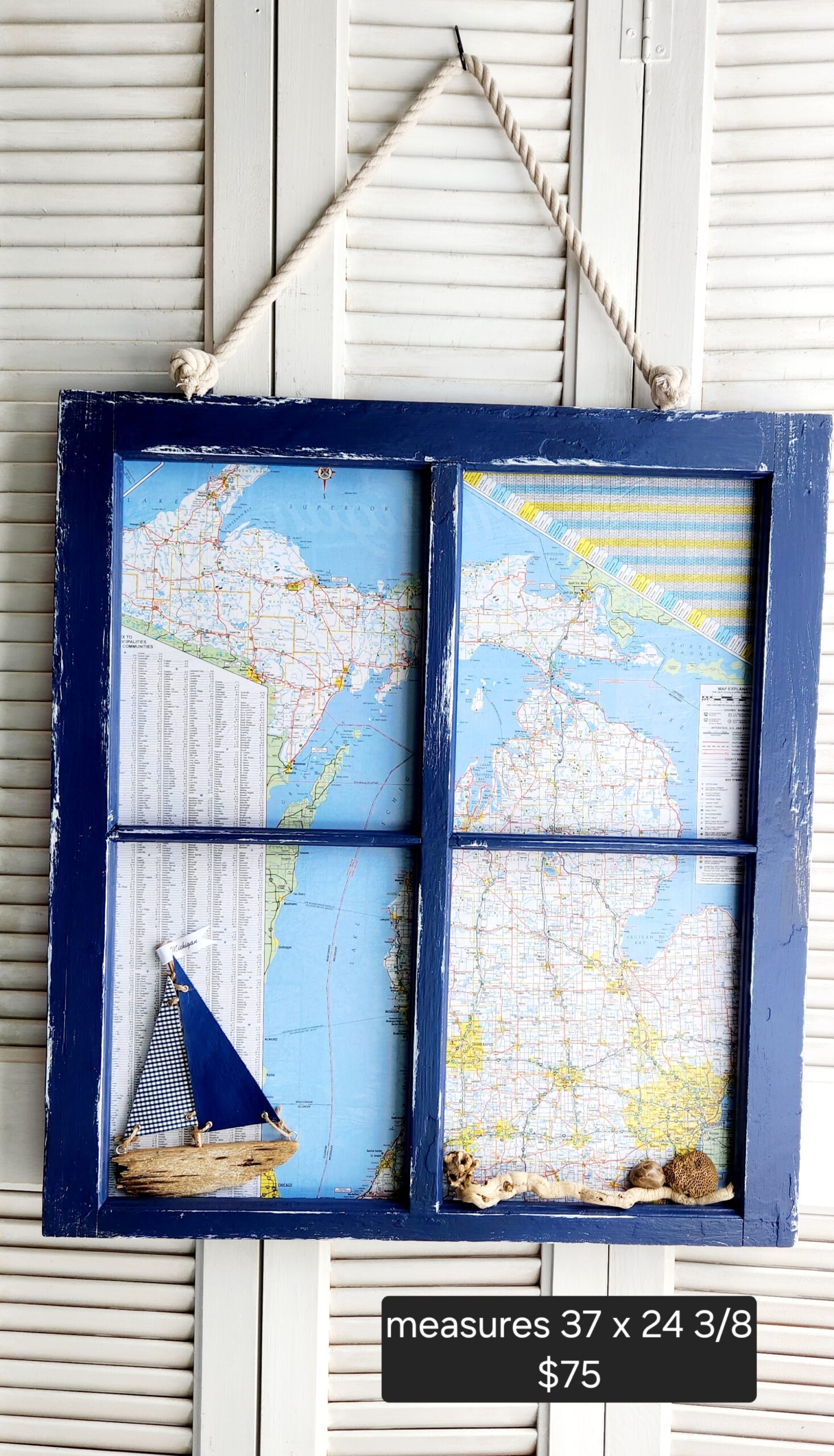 Vintage Window Frame with Michigan Map, Driftwood Sailboat, and Petoskey Stones