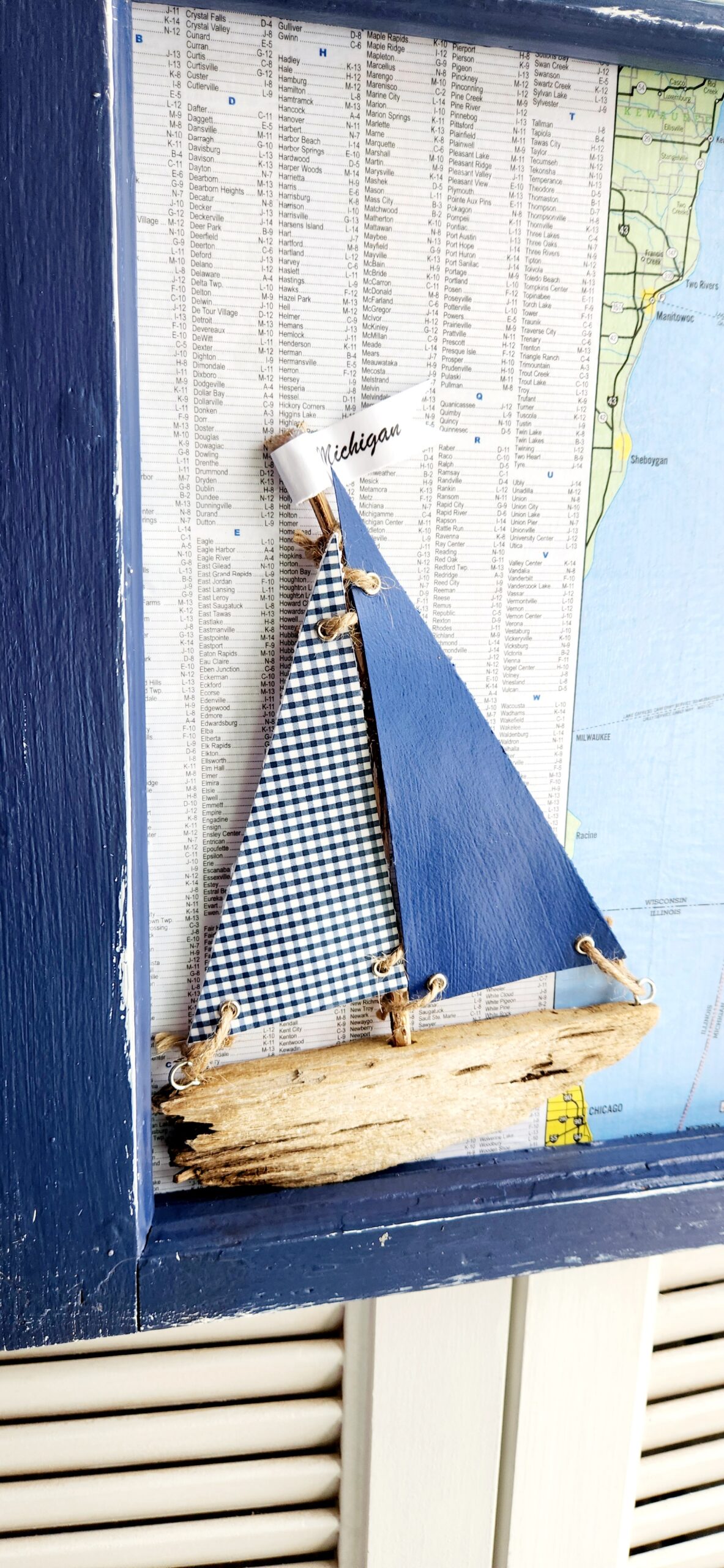 Vintage Window Frame with Michigan Map, Driftwood Sailboat, and Petoskey Stones - Image 2