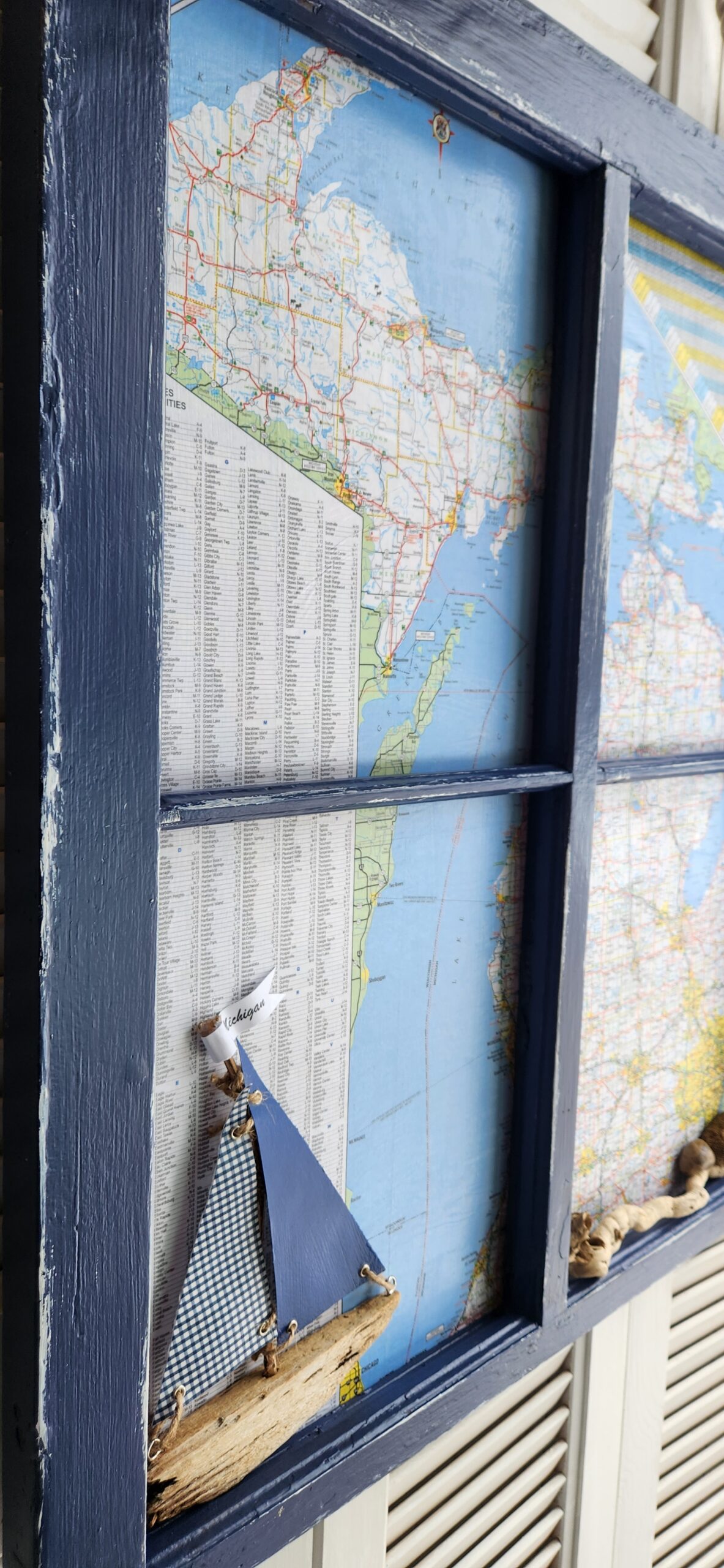 Vintage Window Frame with Michigan Map, Driftwood Sailboat, and Petoskey Stones - Image 4
