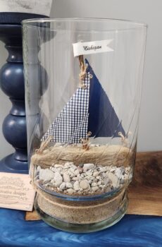 Coastal Glass Vase with Driftwood Sailboat and Michigan Flag