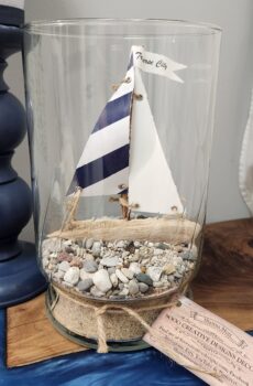 Coastal Glass Vase with Driftwood Sailboat and Michigan Flag
