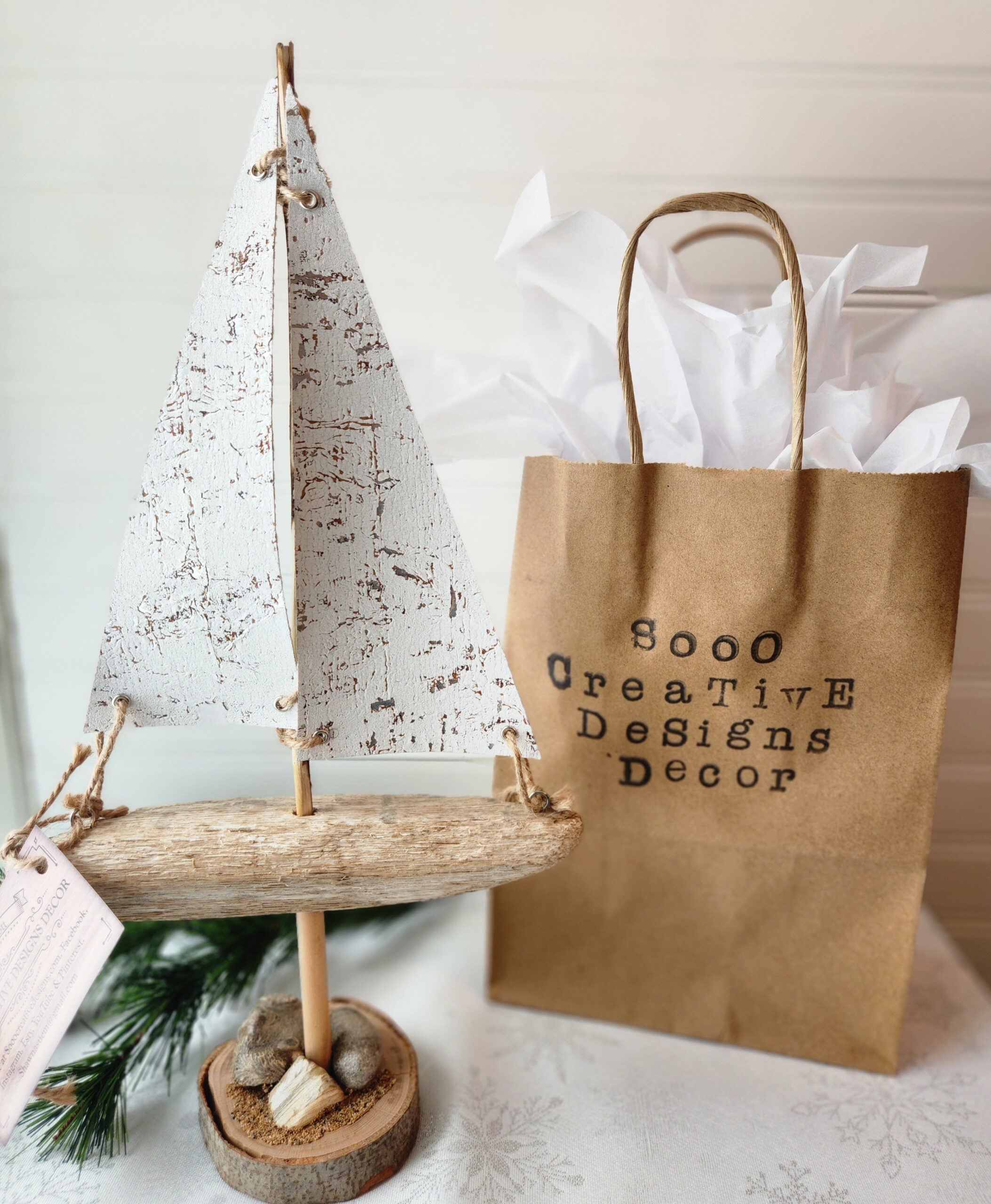 Handcrafted Driftwood Sailboat Decor with Natural Stones and Sand – Coastal Beach Art - Image 4