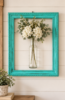 Unique Wall Hanging Vase with Frame – Teal Distressed Finish