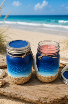 Tropical Breeze Scented Candle – Hand-Painted Mason Jar with Beach Scene & Real Sand – Coastal Home
