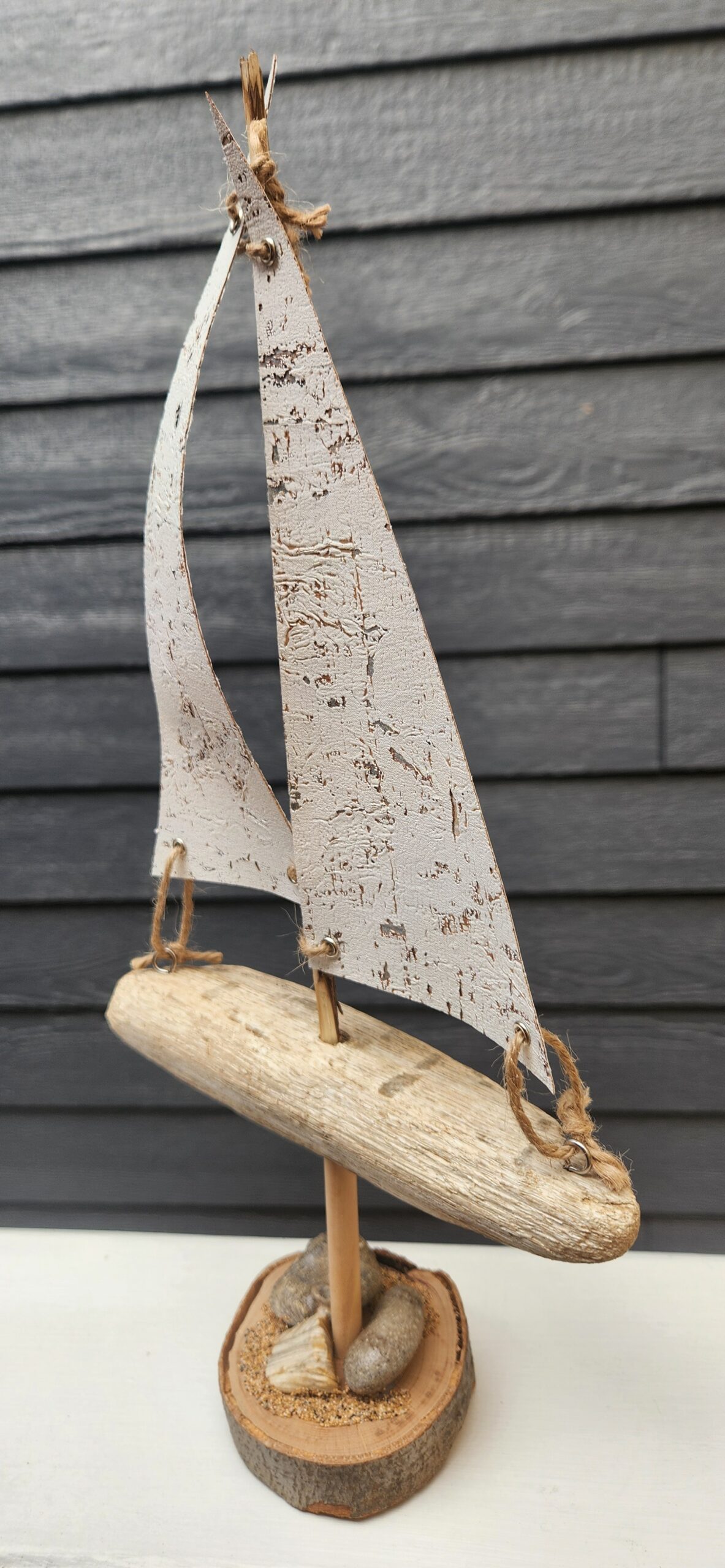 Handcrafted Driftwood Sailboat Decor with Natural Stones and Sand – Coastal Beach Art - Image 3