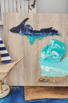 Acrylic Pour Michigan Beach Painting with Sand & Rocks – Coastal Charm! Crafted in the USA!