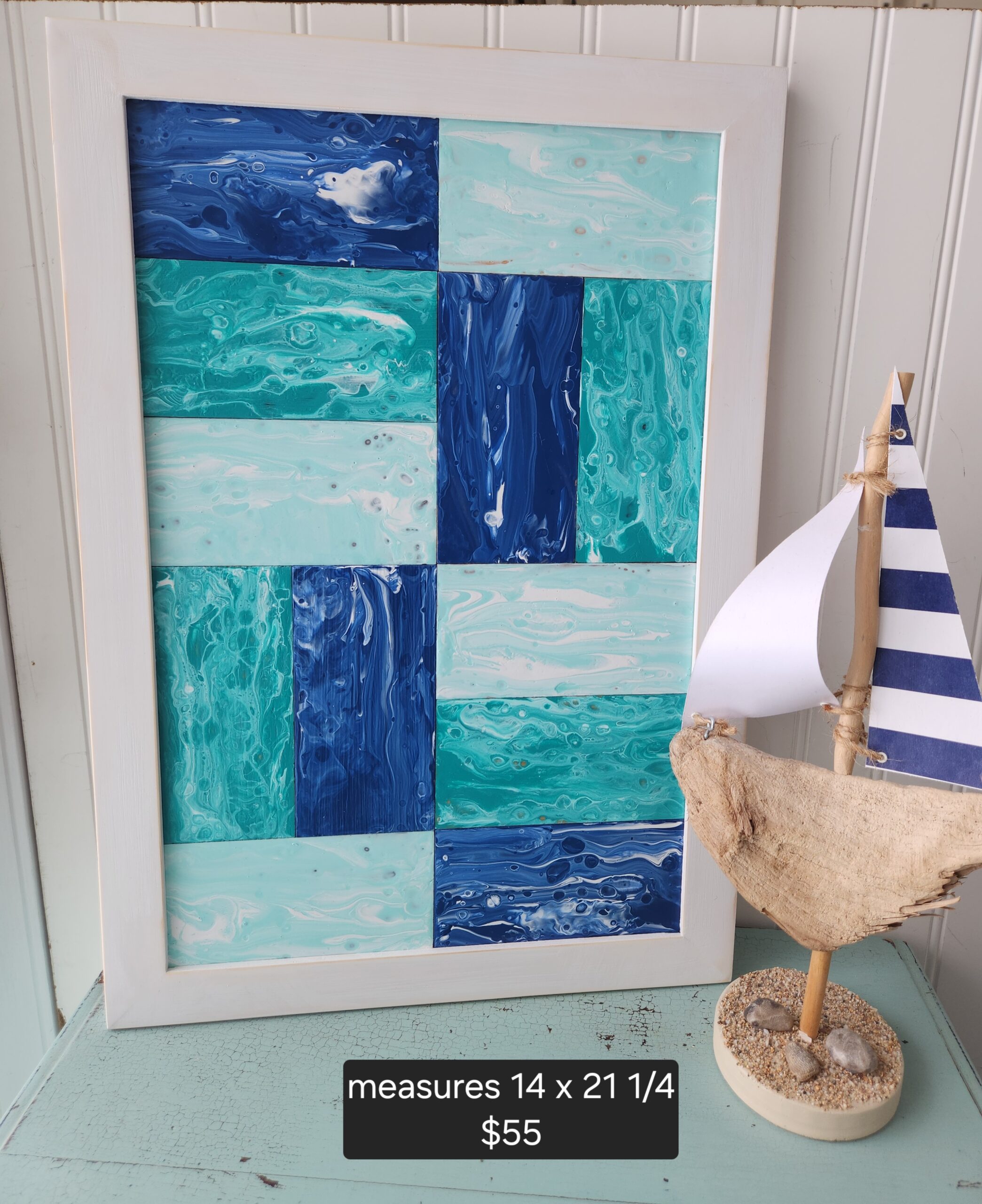 Handmade Coastal Acrylic Pour Painting – Ocean Waves Wall Art, Blue Turquoise Teal, Solid Wood Frame, Made in USA!