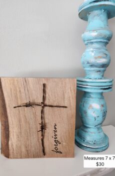 Handmade Solid Wood Barbwire Cross “Forgiven” – Freestanding Rustic Faith Decor | Made in the USA