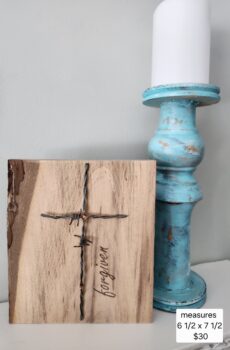 Handmade Solid Wood Barbwire Cross “Forgiven” – Freestanding Rustic Faith Decor | Made in the USA