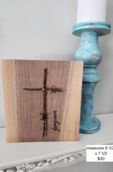 Handmade Solid Wood Barbwire Cross “Forgiven” – Freestanding Rustic Faith Decor | Made in the USA