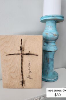 Handmade Solid Wood Barbwire Cross “Forgiven” – Freestanding Rustic Faith Decor | Made in the USA