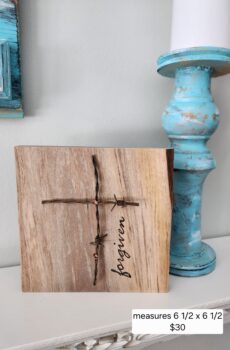 Handmade Solid Wood Barbwire Cross “Forgiven” – Freestanding Rustic Faith Decor | Made in the USA